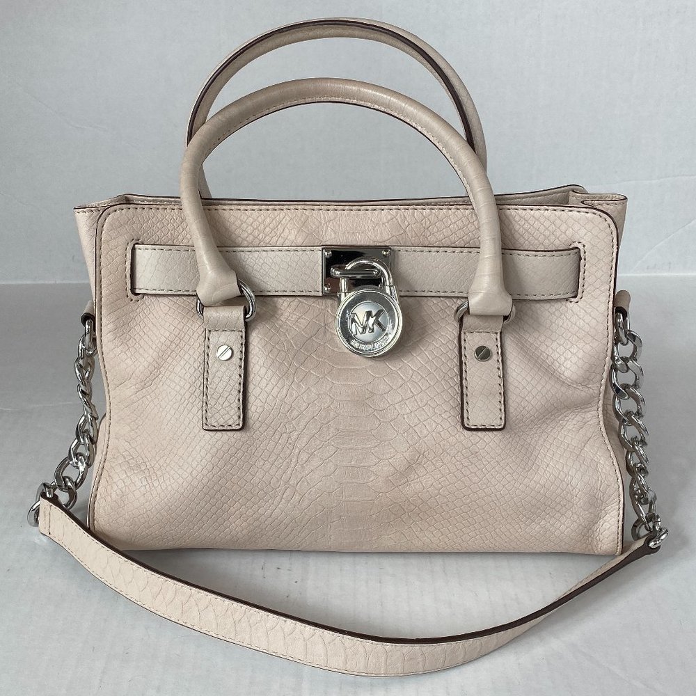 Michael Kors Blush Beige Hamilton Satchel Silver Lock Top Handle Shoulder Strap